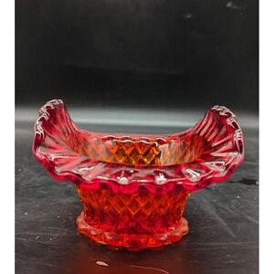 Vintage Amberina Diamond Point Candy Trinket Dish 6.5" Folded Crimped